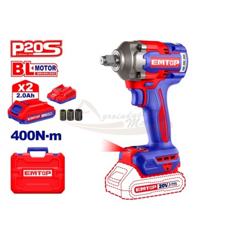 PISTOLA DE IMPACTO 1/2" EMTOP a batería 20V P20S – 400 Nm