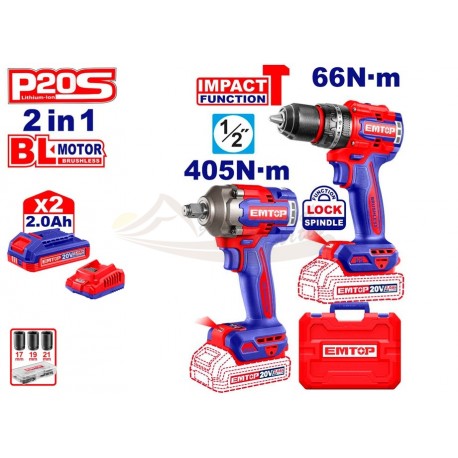 Kit EMTOP 20V: taladro 66 Nm + pistola de impacto 400 Nm