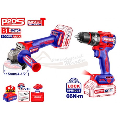 Kit EMTOP P20S: taladro 66 Nm + amoladora 115 mm a batería 20V